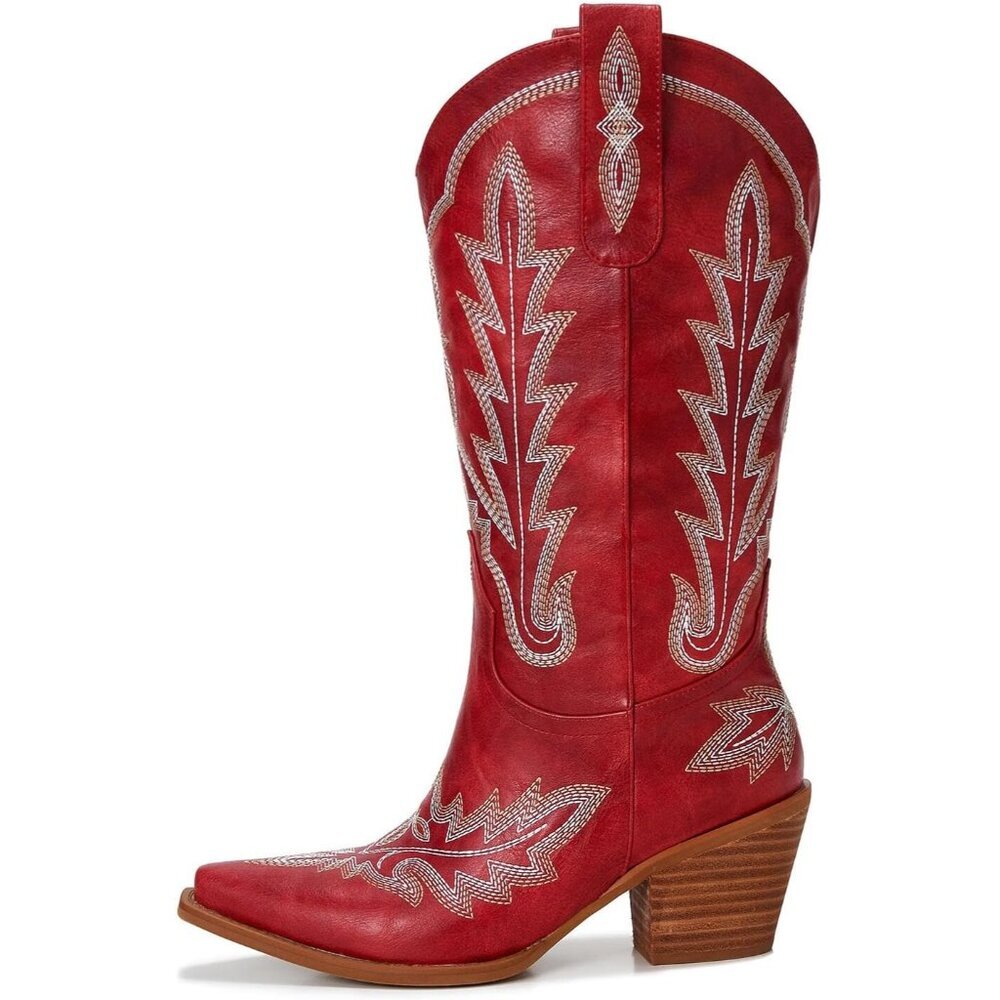 🆕Women Deep Red Faux Leather Wood Grain Embroidered Chunky Heel Cowgirl Boots - Picture 7 of 8